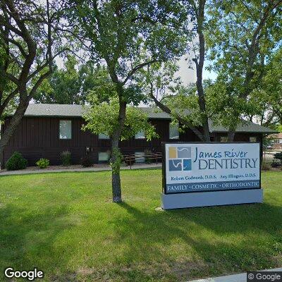 Thumbnail image of the front of a dentist office practice with the name James River Dentistry which is located in New Rockford, ND