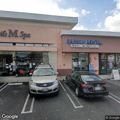 Thumbnail image of the front of a dentist office practice with the name Carson Dental and Cosmetic Centre which is located in Long Beach, CA