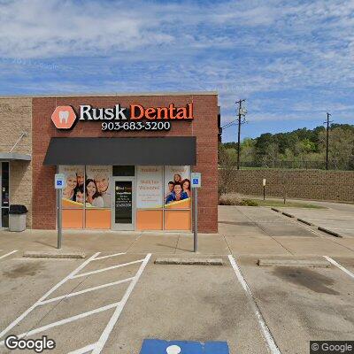 Thumbnail image of the front of a dentist office practice with the name Rusk Dental P which is located in Rusk, TX