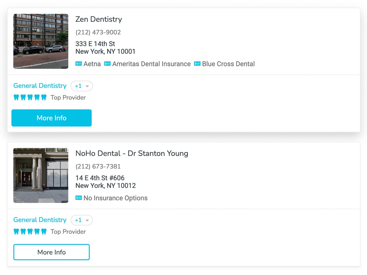 Screenshot of provider search page with 2 different providers shown one above another. These search results show basic information along with an image of the practice
