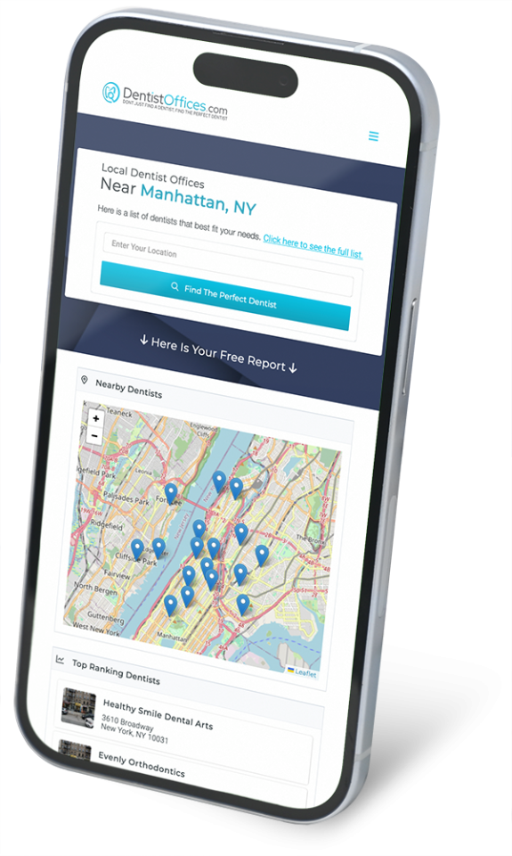 Phone displaying the Dentist Offices in a local area with map markers displayed on top of a map of New York.