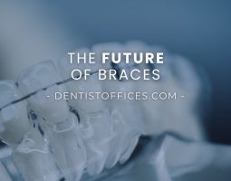 Title Image for blog on the future of braces. The background logo is a image of a set of teeth with 3d printed braces.